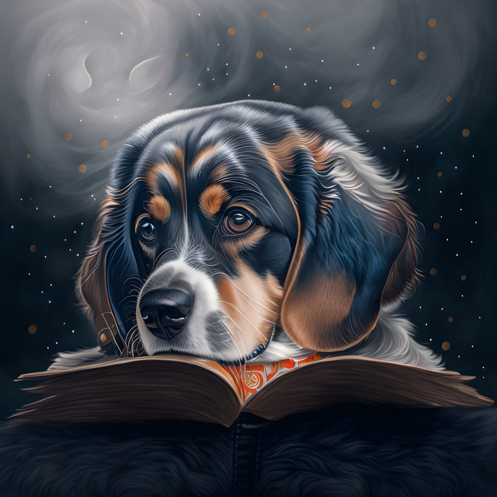 Peaceful dog reading book under night sky with moon & stars