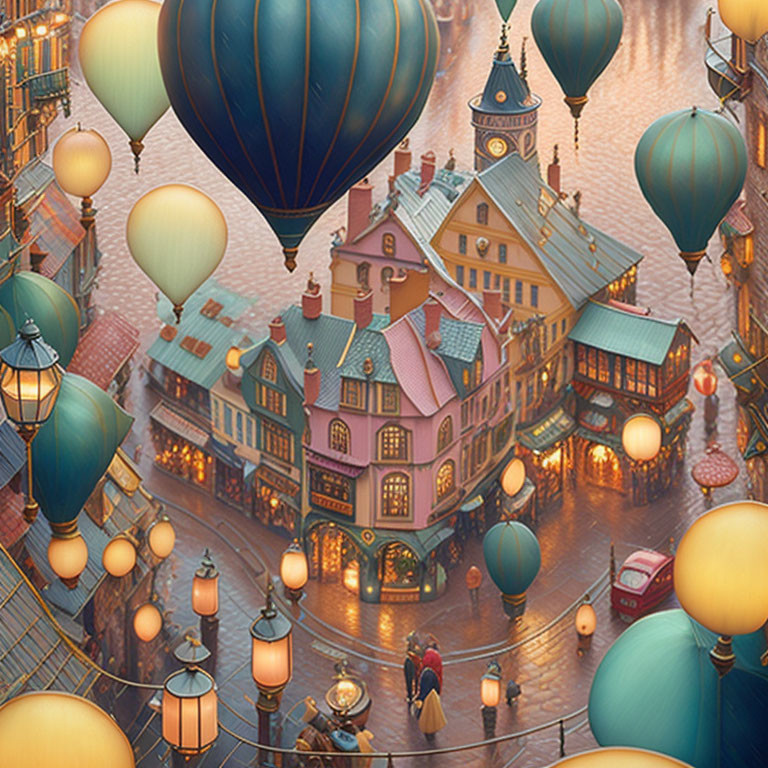 Colorful Fantasy Town with Cobblestone Streets & Hot Air Balloons