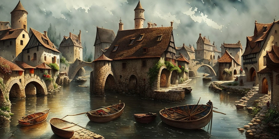 Medieval village with stone bridges, river, rowboats, and terracotta roofs.