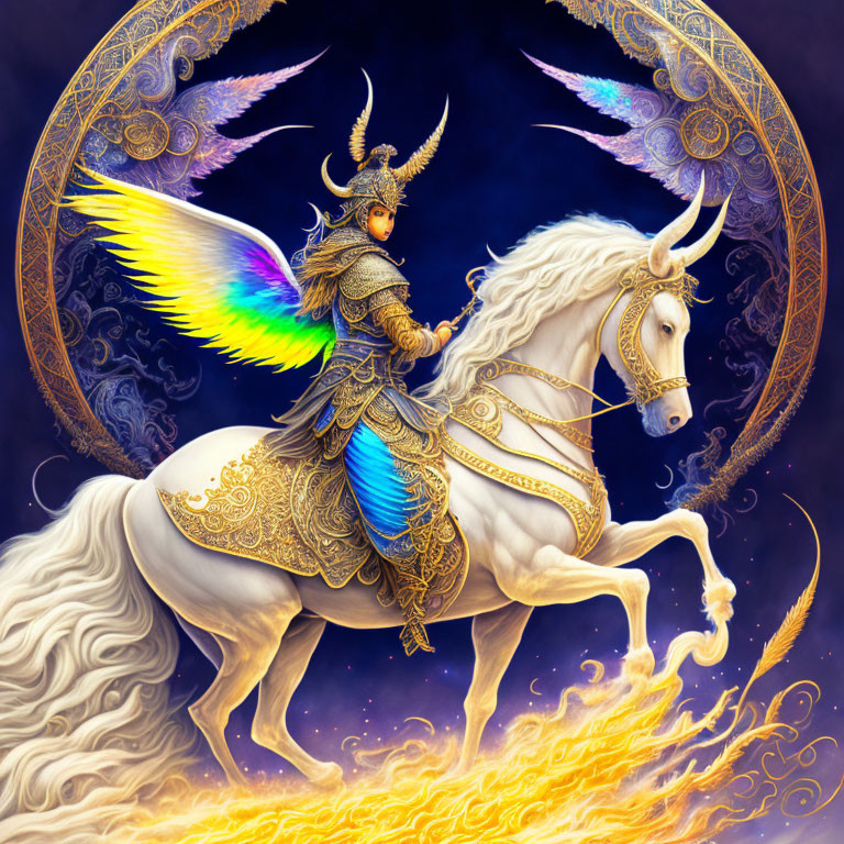 Fantasy illustration of warrior on winged unicorn in ornate armor