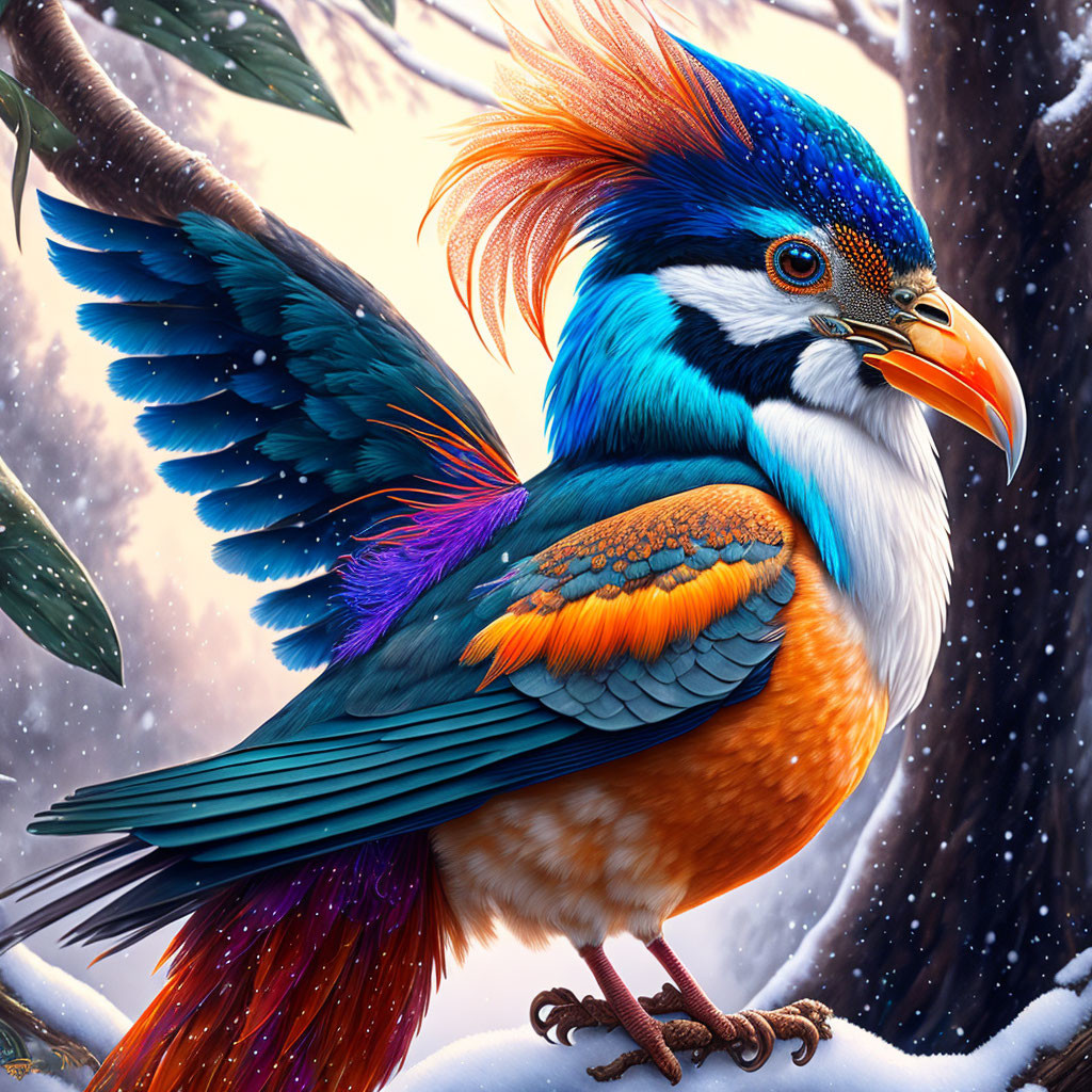 Colorful Fantastical Bird with Blue Crest on Snowy Branch