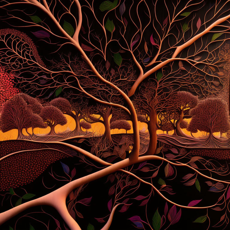 Detailed illustration of stylized trees on warm-toned backdrop