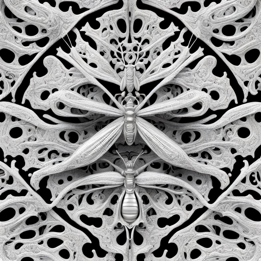 Symmetrical grayscale butterfly pattern with intricate lace-like designs