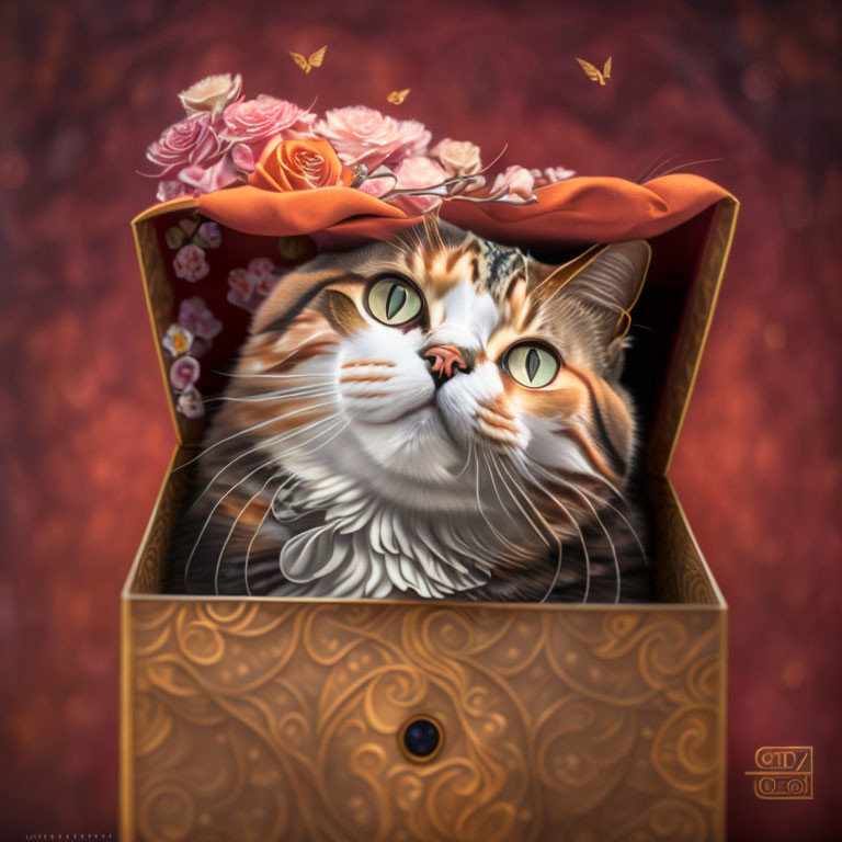 Whimsical image: Two cats with expressive eyes in ornate box with roses and butterflies