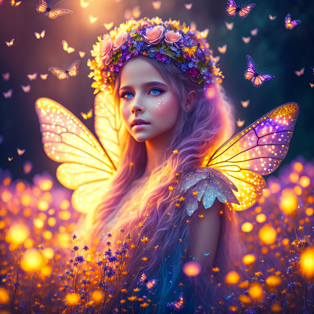 Enchanting fairy with glowing wings in a floral crown surrounded by butterflies