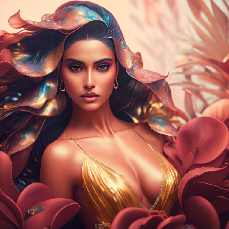 Colorful digital artwork: Woman with voluminous hair, flowers, gold attire.