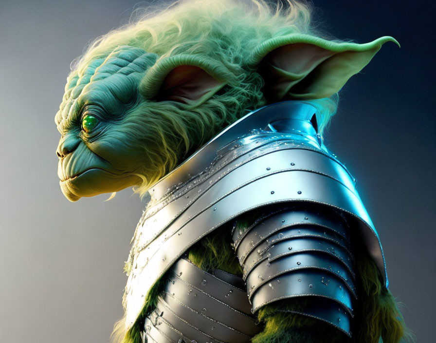 Detailed Digital Artwork: Green-Skinned Creature in Metallic Armor