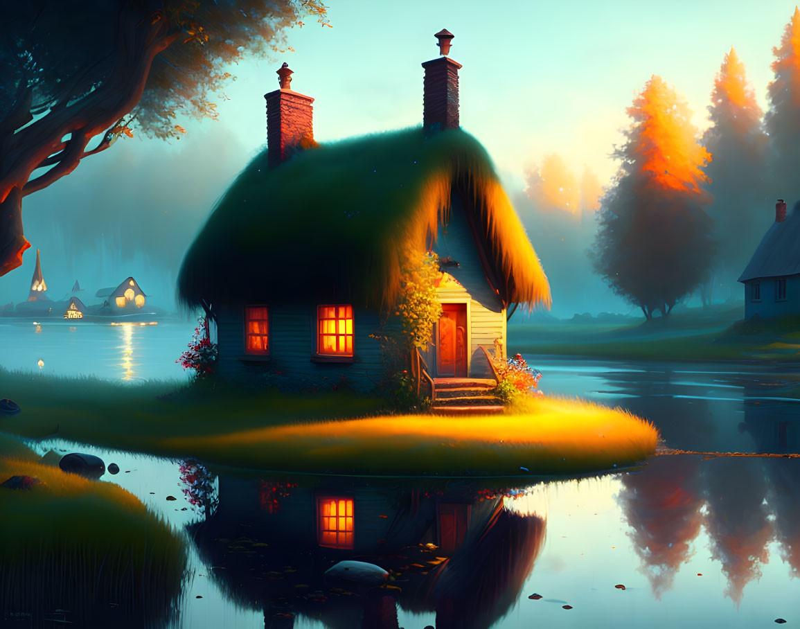 Thatched Cottage by Serene Lake at Dusk