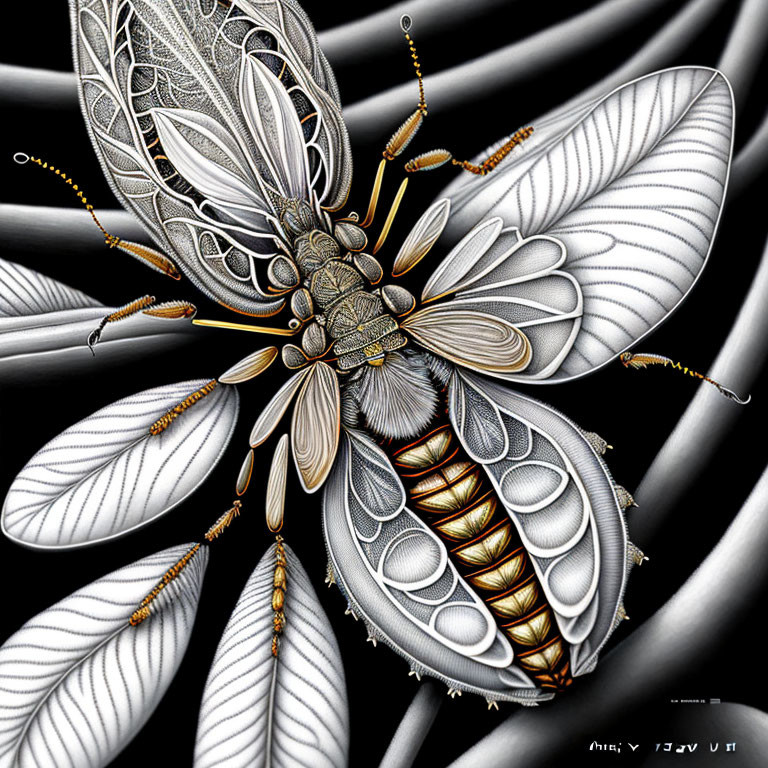 Detailed Monochrome Illustration of Stylized Bee on Abstract Swirl