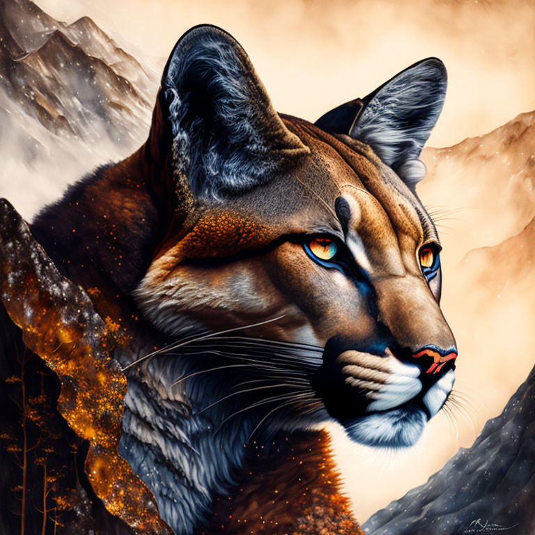 Majestic mountain lion with blue eyes in misty mountain scenery