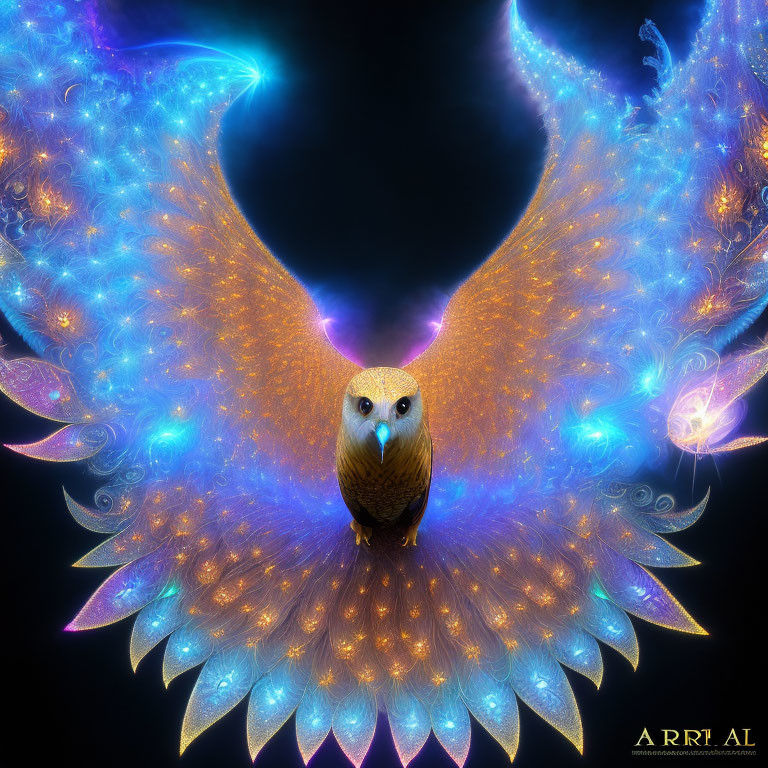 Colorful Owl Digital Artwork with Fractal Wings on Black Background