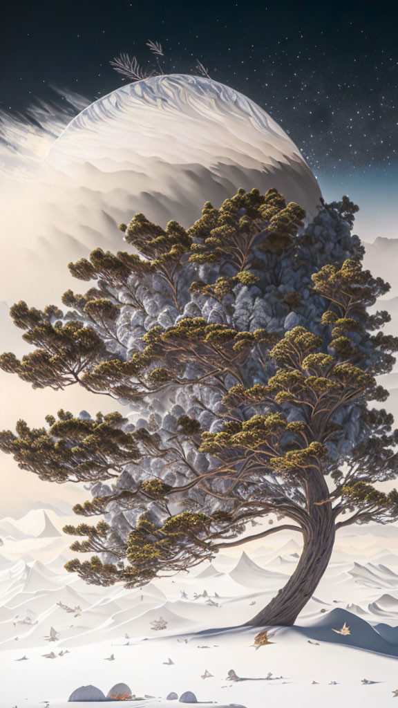 Surreal landscape featuring large tree with snow-capped mountain on canopy under starry sky