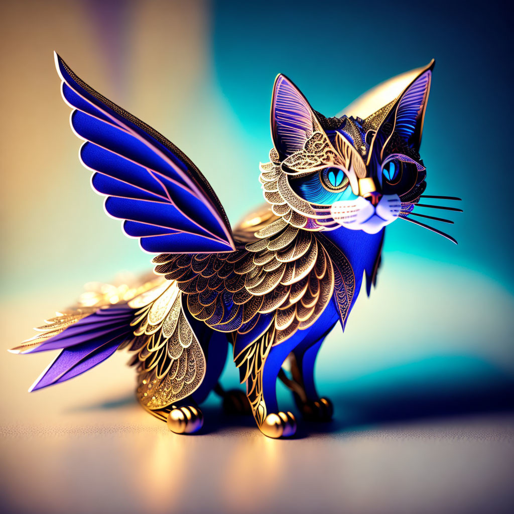 Mythical cat creature with gold and blue wings on soft-focus backdrop