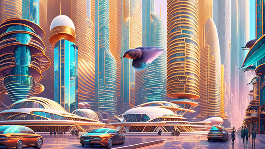 Futuristic cityscape with skyscrapers, flying vehicles, and vibrant colors