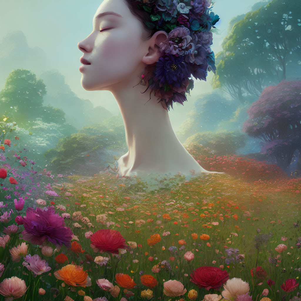 Woman with Floral Headdress in Vibrant Flower Landscape