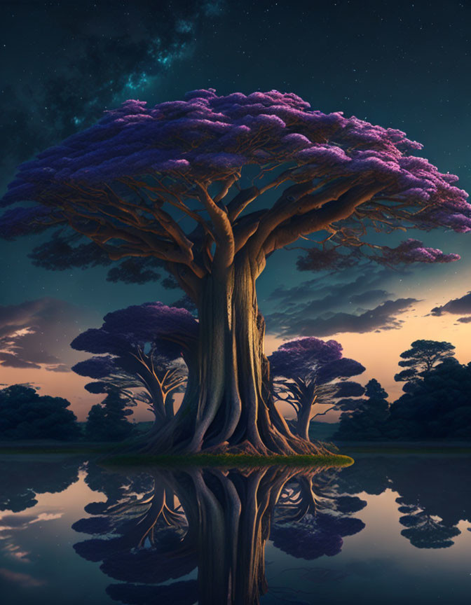 Twilight landscape with purple tree and starry sky reflected in water