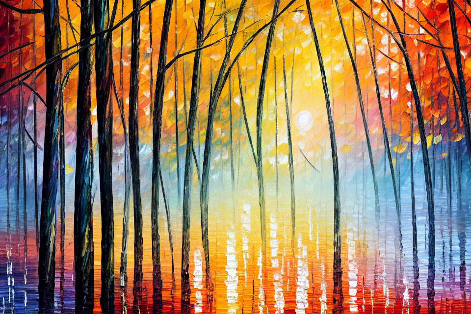 Colorful Forest Reflection: Thin Trees, Yellow, Orange, Red, Blue Hues