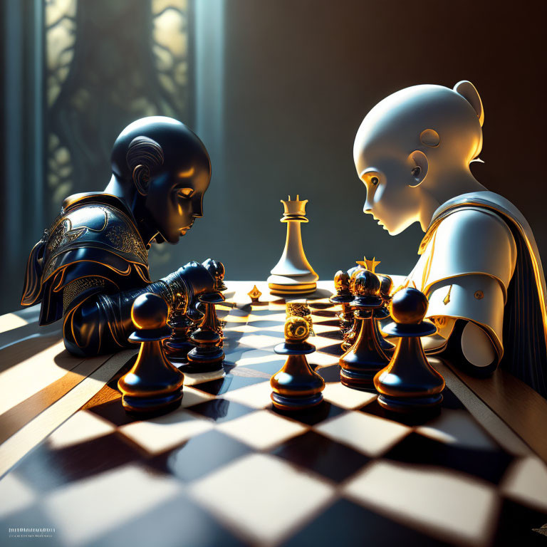 Medieval armor-clad humanoid robots playing chess by a sunlit window