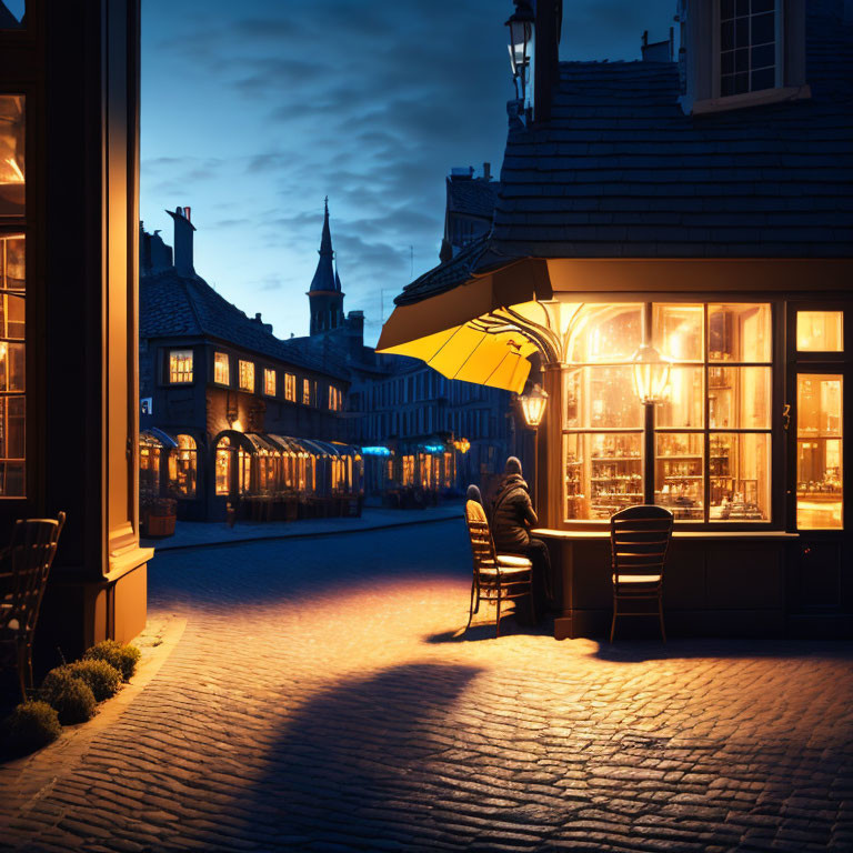 Quiet Night Scene: Cozy Street with Shop Lights, Cobblestone, and Solitary Figure