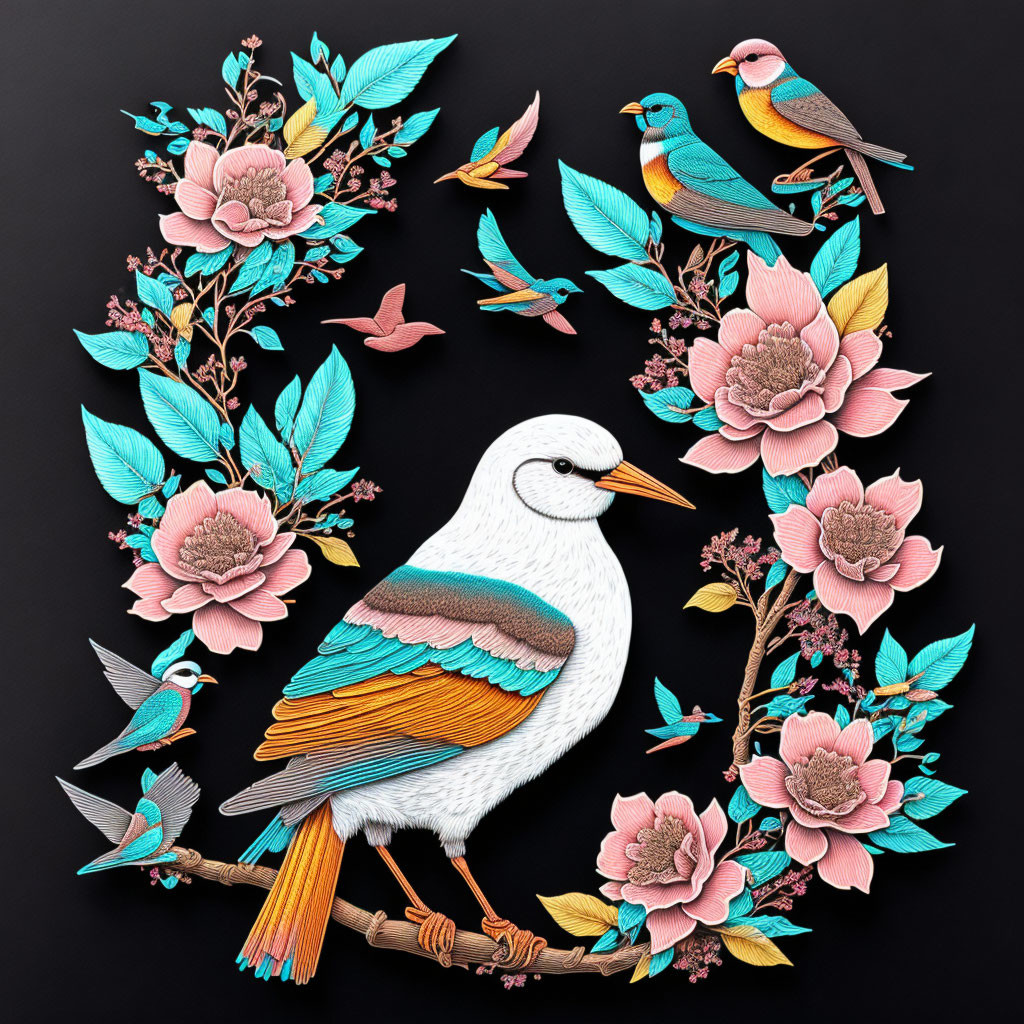 Intricate Paper Art: White Bird, Colorful Birds, Pink Flowers, Teal Foli