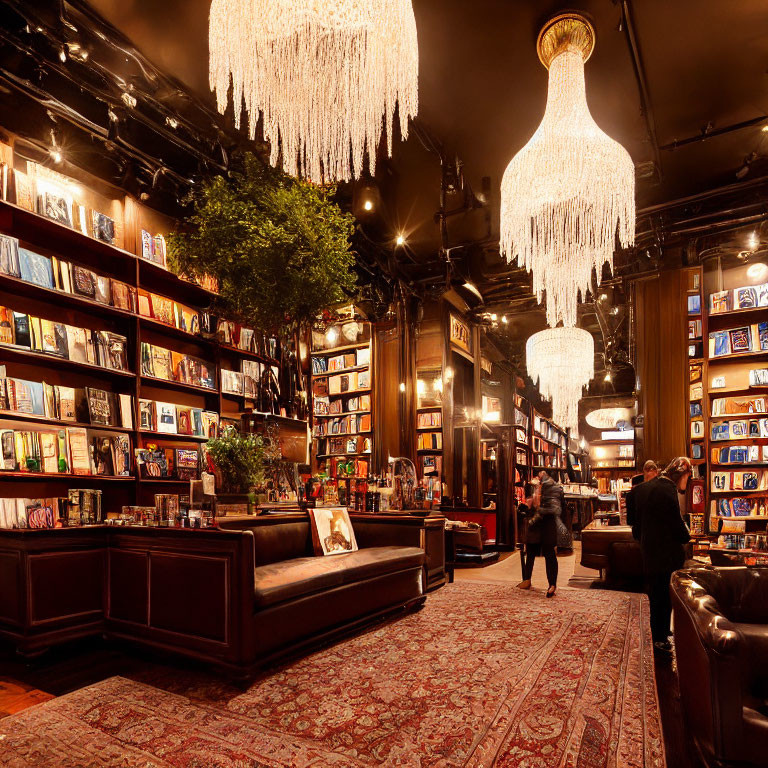 Luxurious bookstore with dark wooden bookshelves and crystal chandeliers