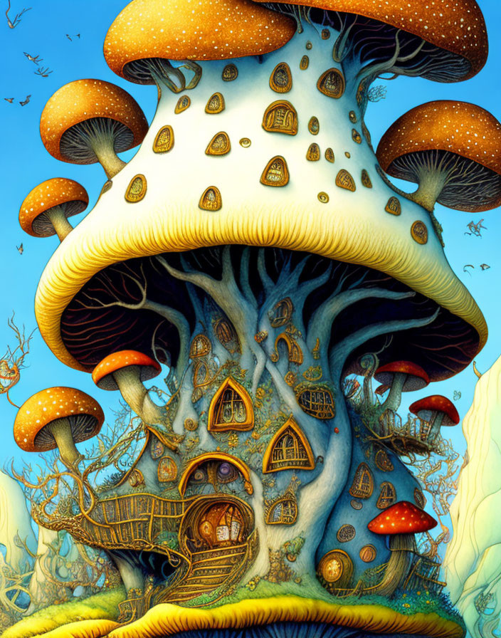 Illustration of Large Tree with Mushroom Cap and Tiny Creatures