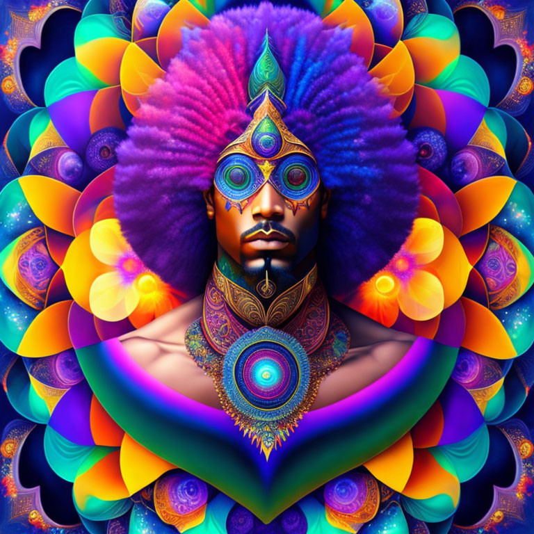 Colorful symmetrical digital art with central figure in elaborate headdress.