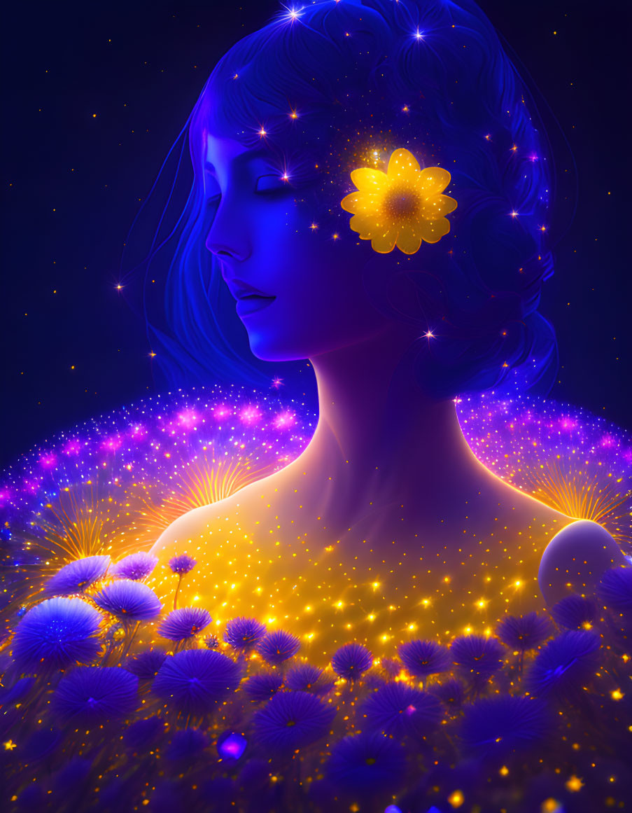 Blue-skinned woman with cosmic elements and yellow flowers in starry night scene