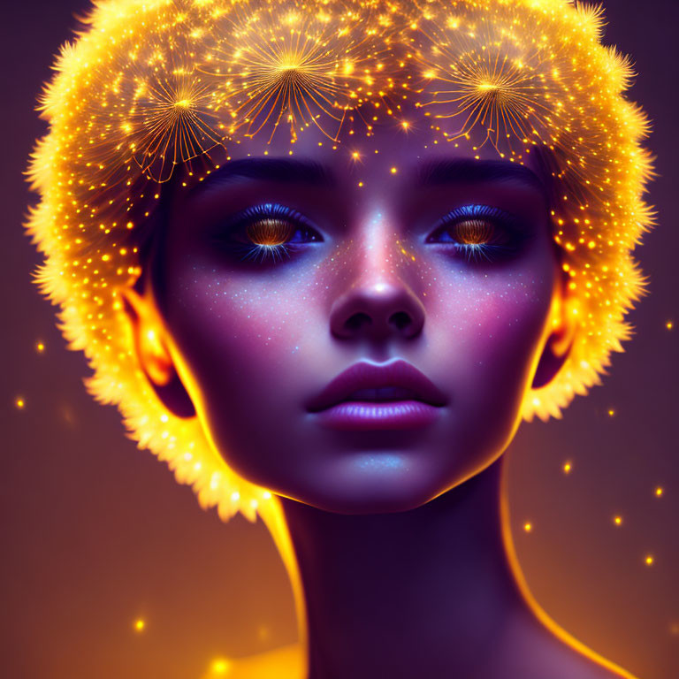 Digital portrait of woman with glowing dandelion lights and starry night effect