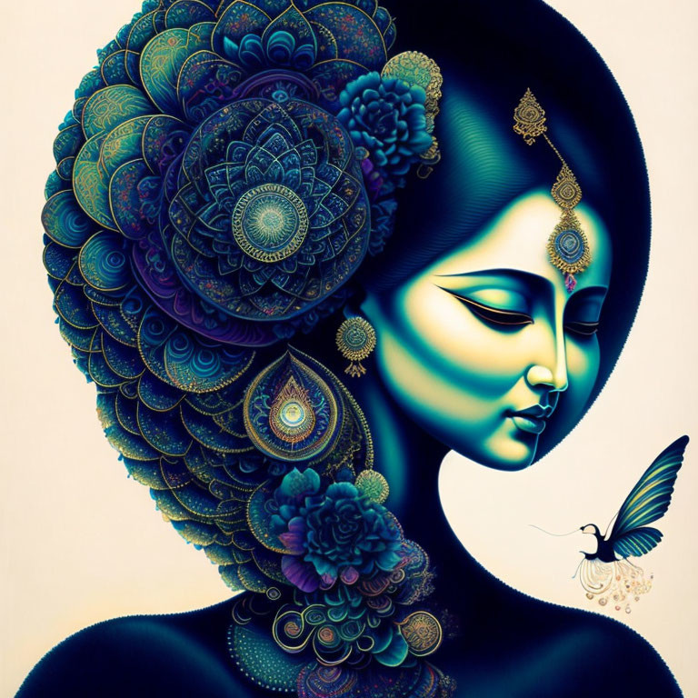 Stylized woman profile with mandala-inspired hair design and hummingbird.