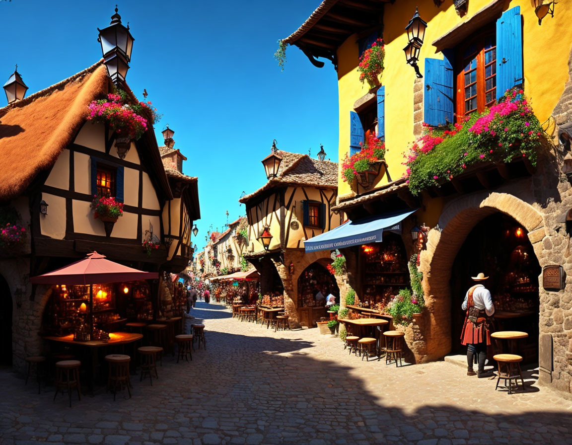 Picturesque European village street with half-timbered houses, cobblestone paths, and outdoor