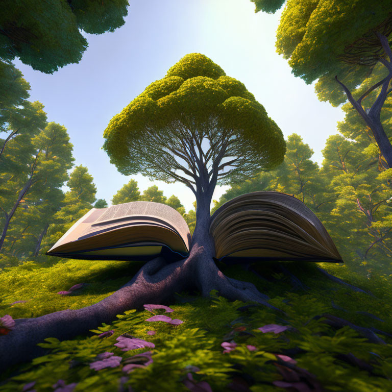 Open book merging into tree in lush forest symbolizes knowledge and nature fusion