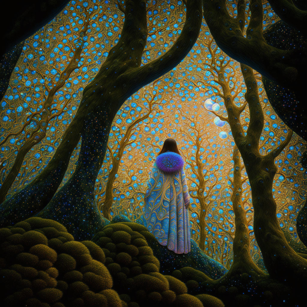 Person in Patterned Cloak in Enchanted Forest with Glowing Trees