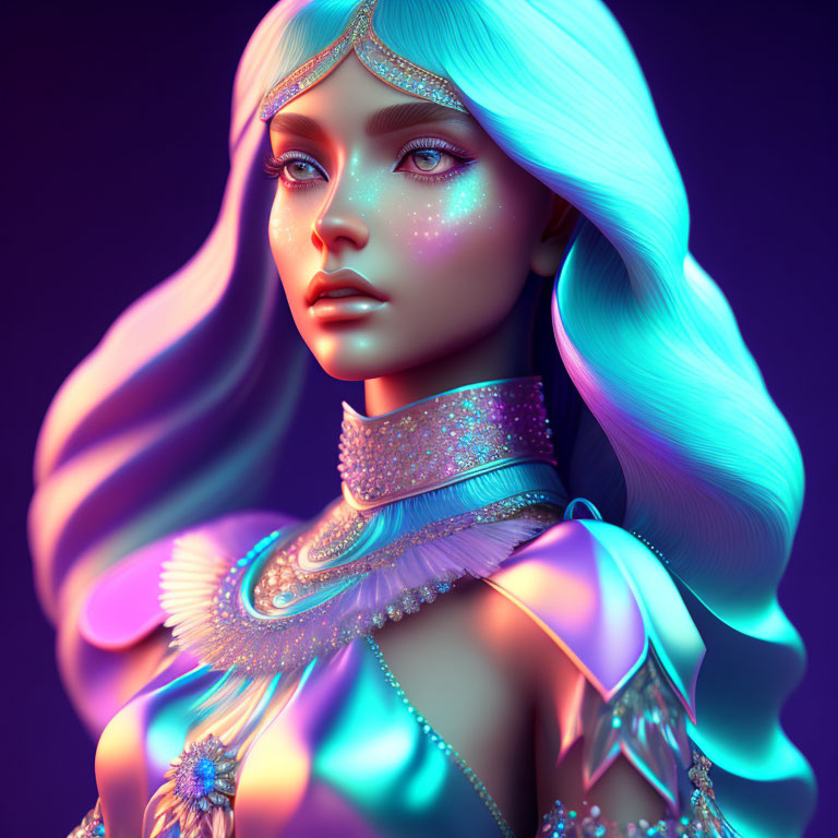 3D illustration: Woman with pastel blue hair, jewelry, sparkles, and serene expression