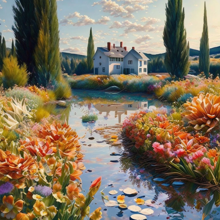 Colorful countryside painting with white house, blooming flowers, tall trees, and reflective pond.