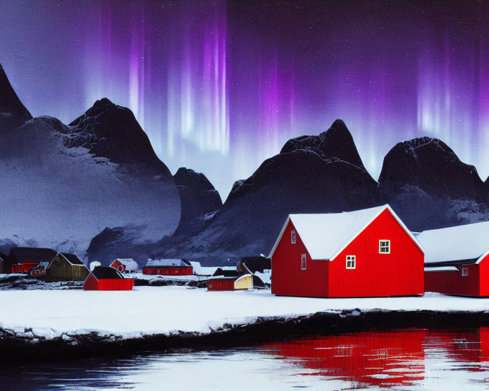 Scandinavian winter scene with aurora borealis, red houses, and mountains