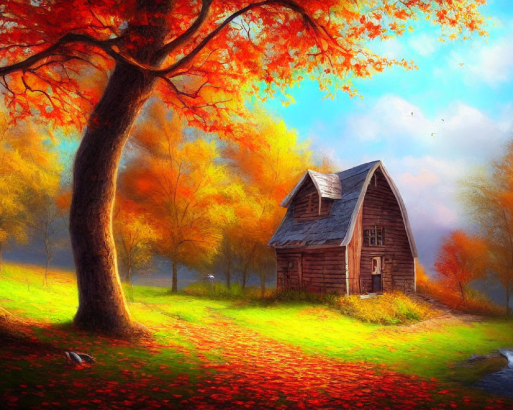 Tranquil autumn scene with rustic cabin, vibrant foliage, fallen leaves, and gentle stream