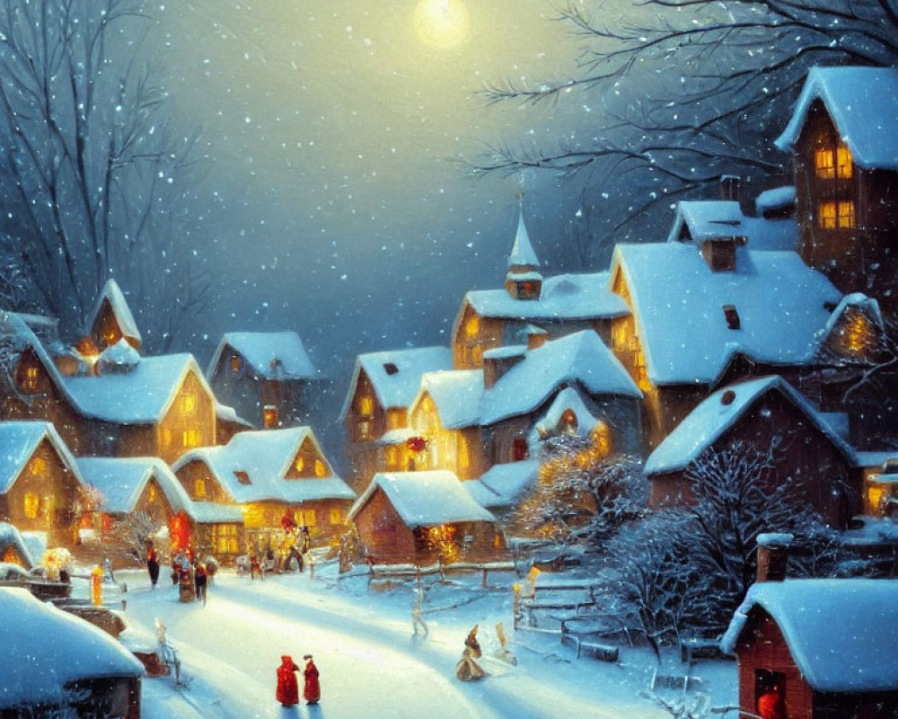 Snow-covered winter village scene: houses, moon, glowing lights