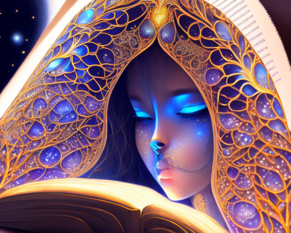 Illustration of person with blue features in golden book arch with cosmic elements