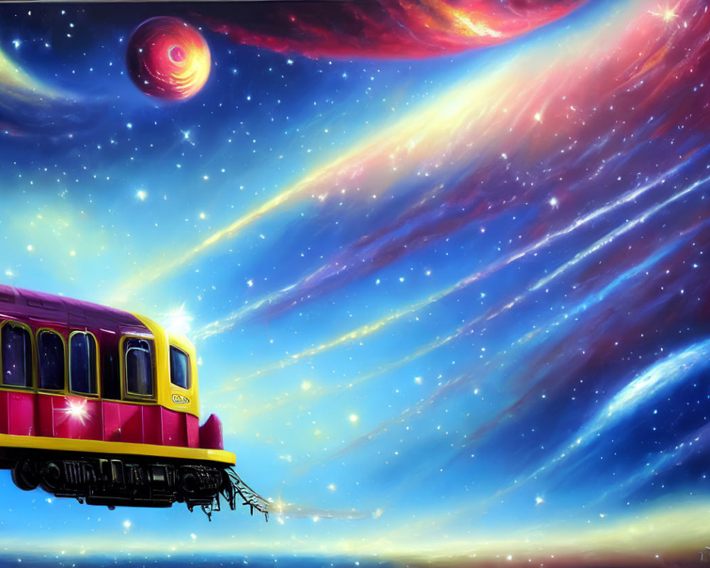 Colorful train in cosmic space with stars, nebulae, planet, and comet