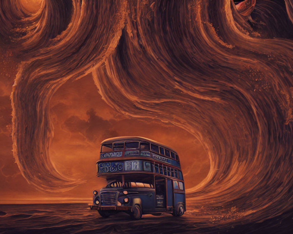 Vintage Double-Decker Bus Under Orange and Brown Swirling Sky