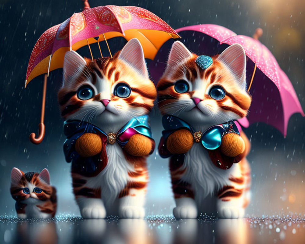 Stylized anthropomorphic kittens under shared umbrella in rain