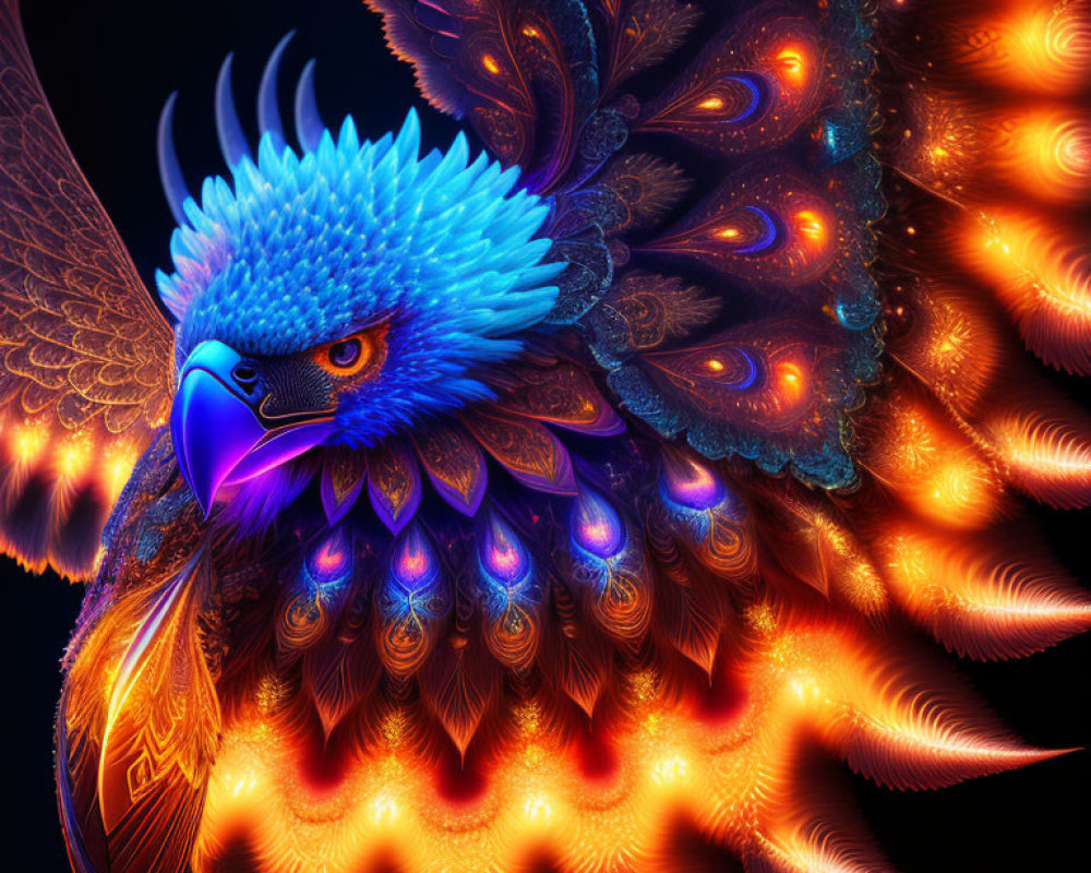 Colorful digital artwork of majestic bird with fiery orange plumage and blue head.