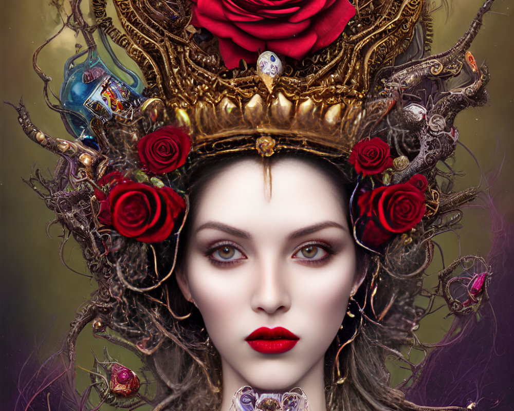 Regal woman with ornate crown and piercing eyes surrounded by metallic and organic embellishments