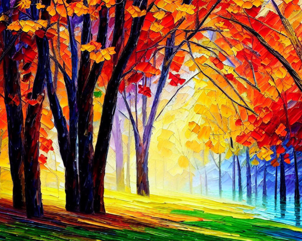 Colorful autumn forest painting with vibrant red, orange, and yellow leaves.