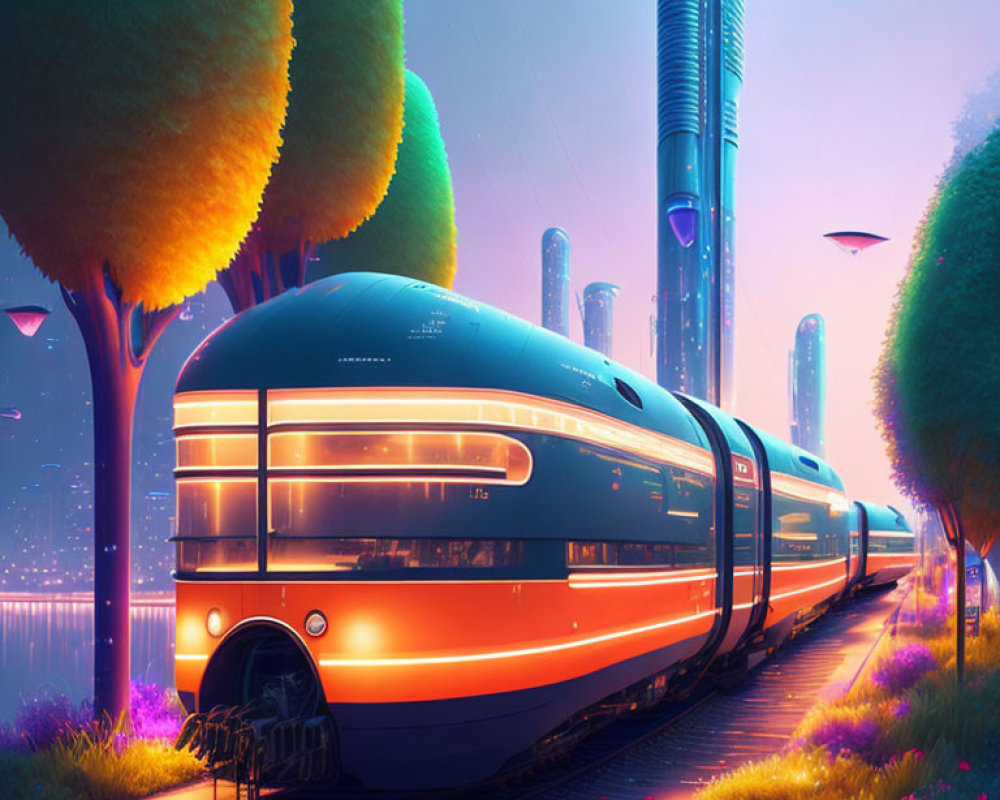 Futuristic blue and orange train on neon-lit track amidst modern cityscape