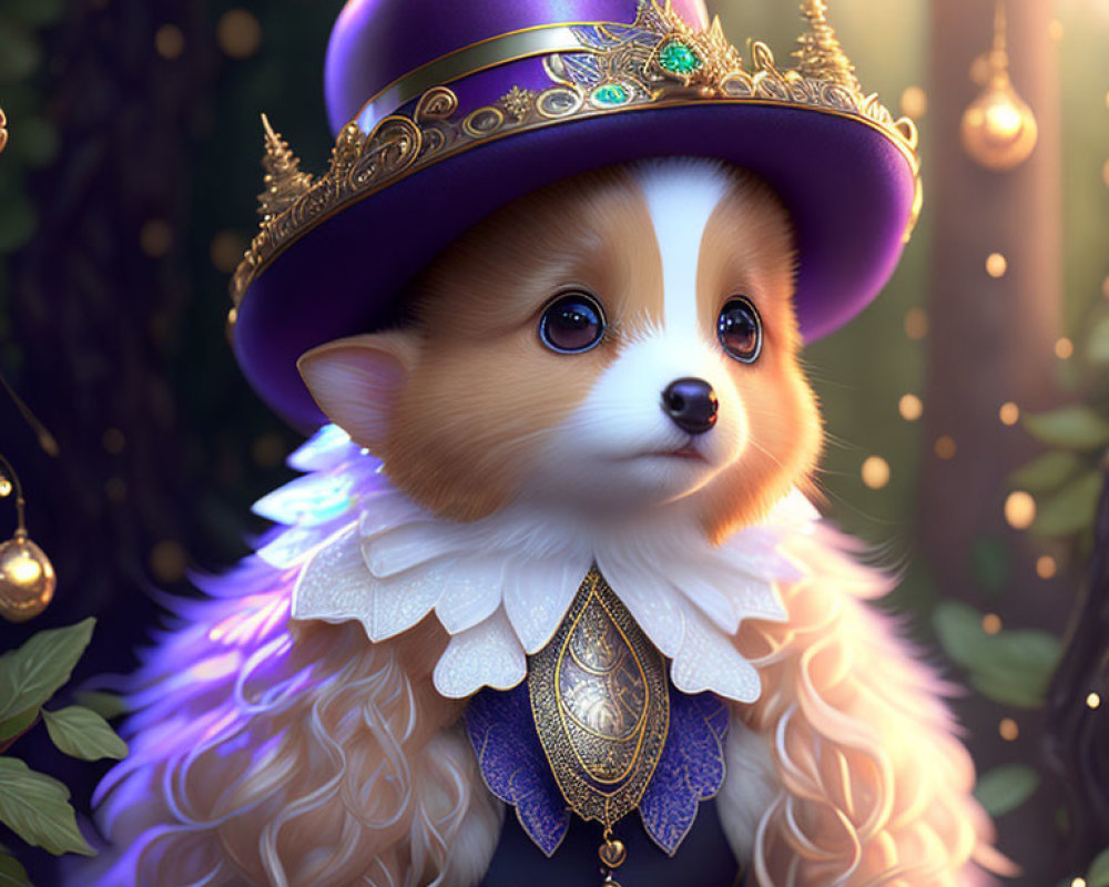 Regal corgi in purple hat and blue cloak in enchanted forest