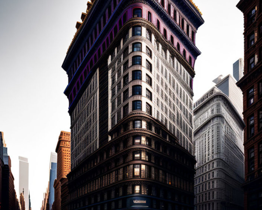 Triangular Building with Taxi Passing at Dawn or Dusk