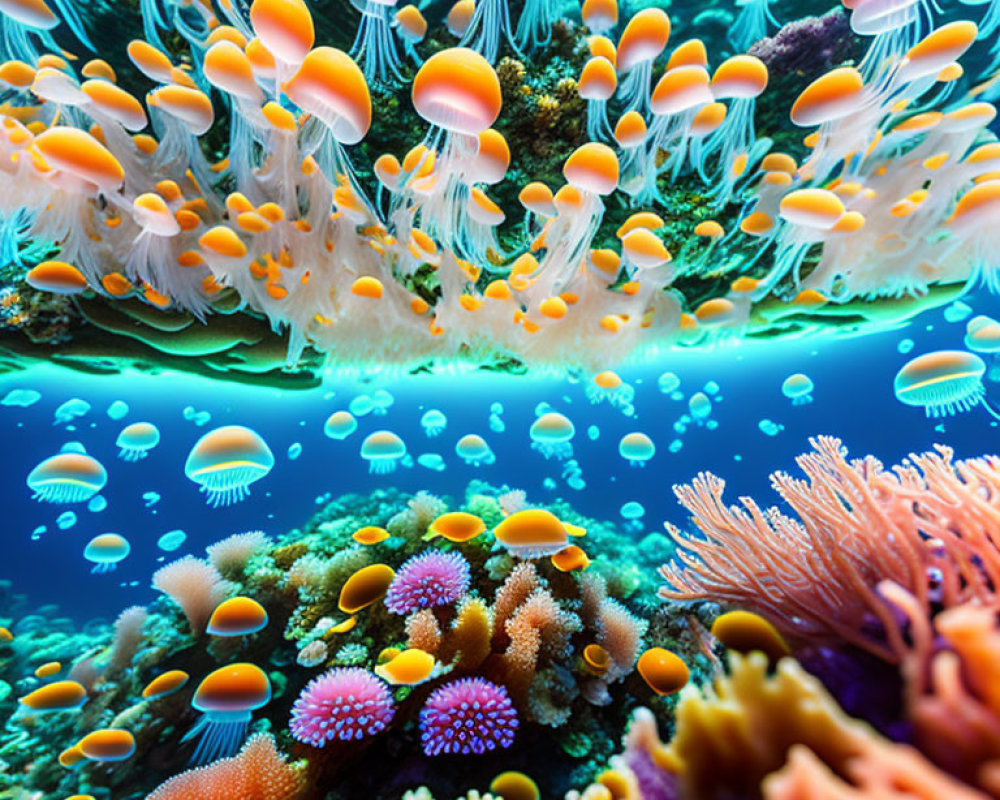 Colorful Coral Reef Teeming with Jellyfish and Marine Life