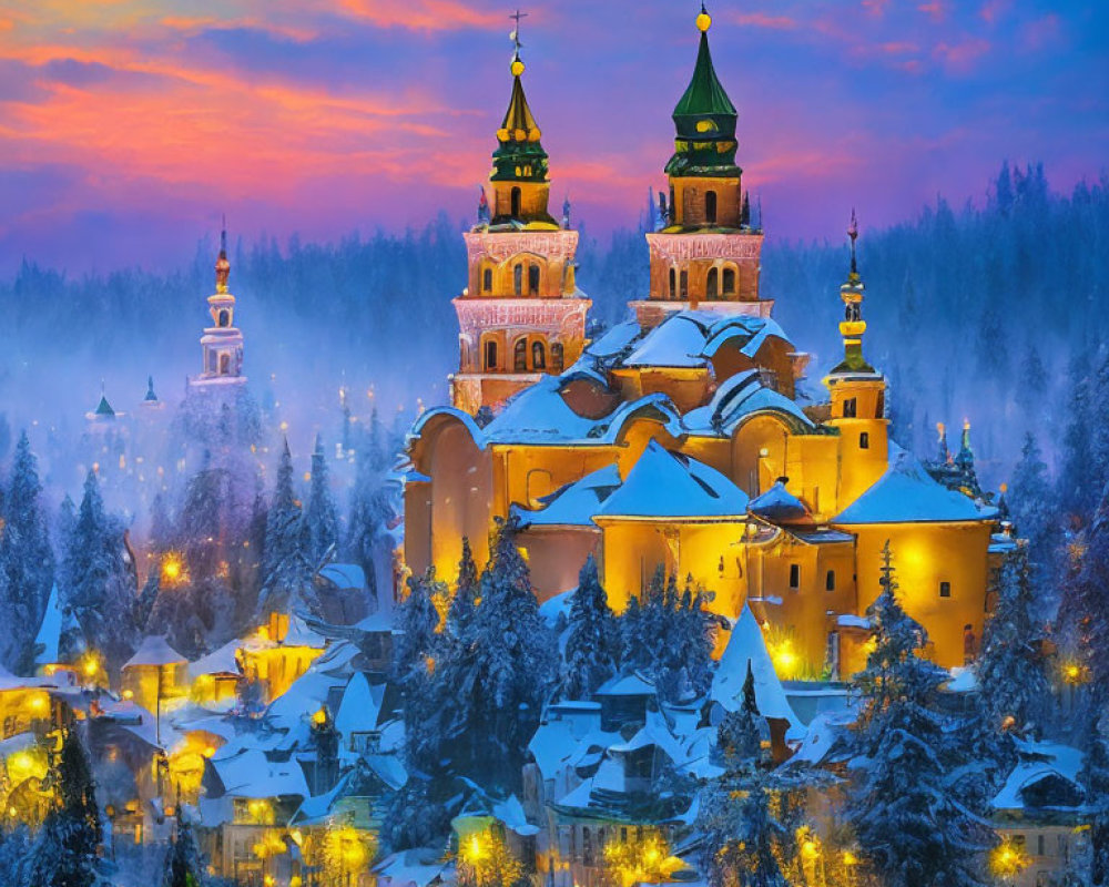 Snow-covered village with ornate churches under vibrant evening sky